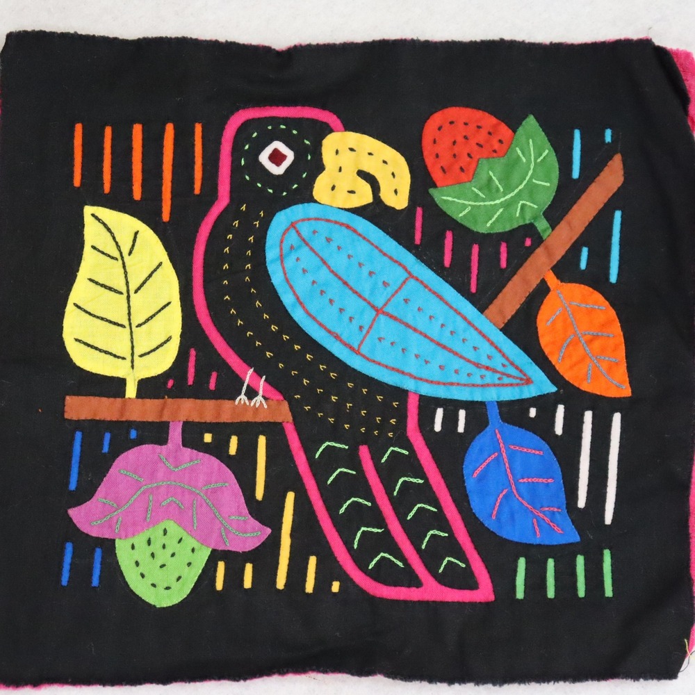Handmade Mola Bird Fabric Art 9x8 Black Multi Unisex Panama Folk Art Decor - Picture 2 of 6